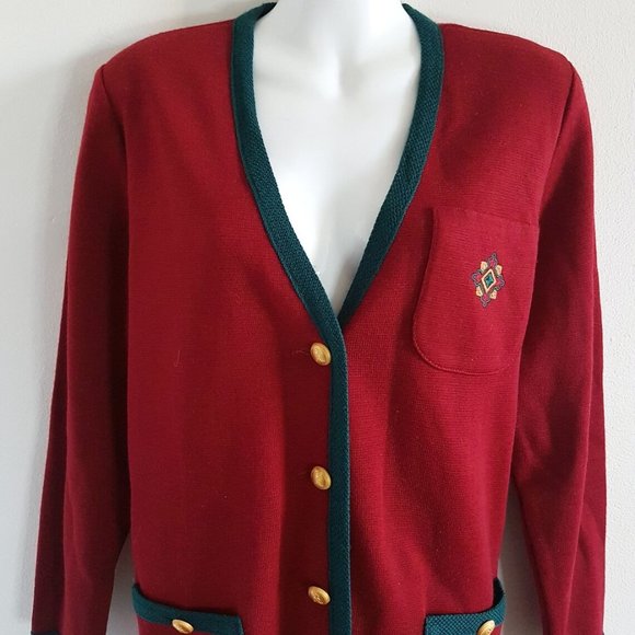 1990s Vintage Cozy Red and Green Wool Cardigan Size L, Vintage Red Cardigan - Picture 2 of 9